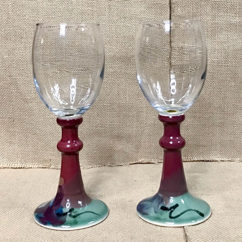 Wine Glass Set w Art Pottery Stem Gothic Goth Goblin Core Boho Unique Eclectic - Picture 3 of 8
